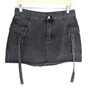 Unbranded Black Denim Cargo Strap Detail Mini Skirt Women L Utility Pockets Y2K